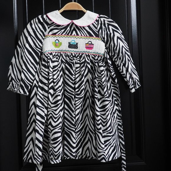 Marmellata Smocked Embroidered Purses & Zebra Print Dress- Girls 5 - Picture 1 of 5